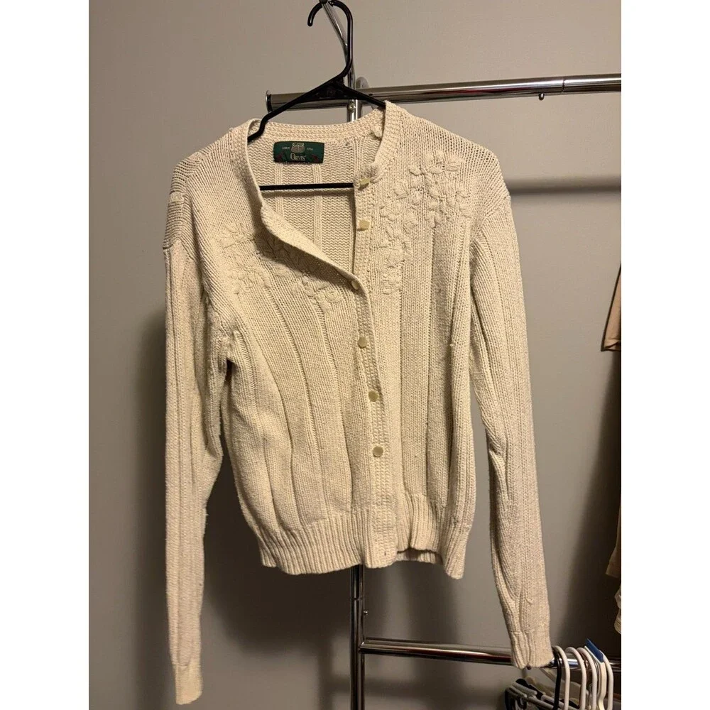 Orvis Women's M Cream Silk Cotton Floral Embroidered Button Cardigan Sweater